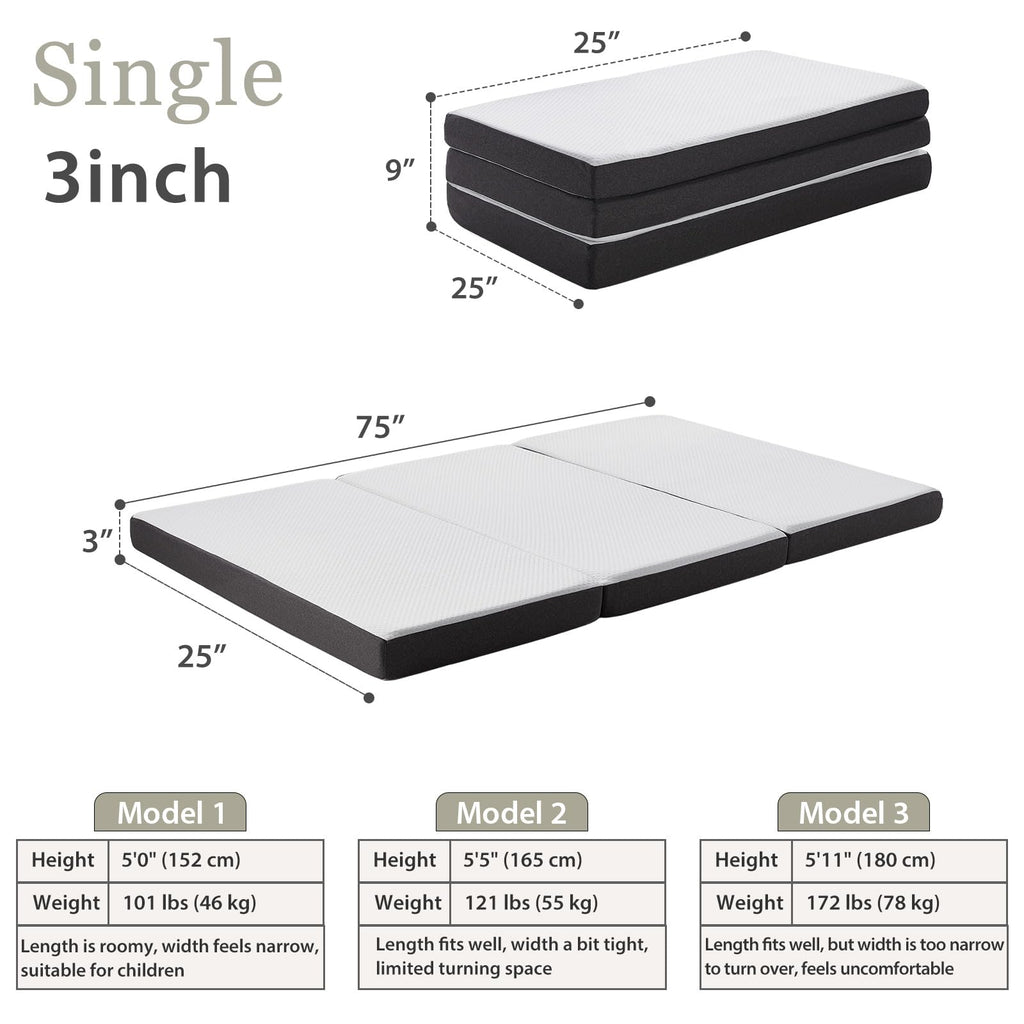 3 inch Tri Fold Memory Foam Mattress with Washable Cover O260837