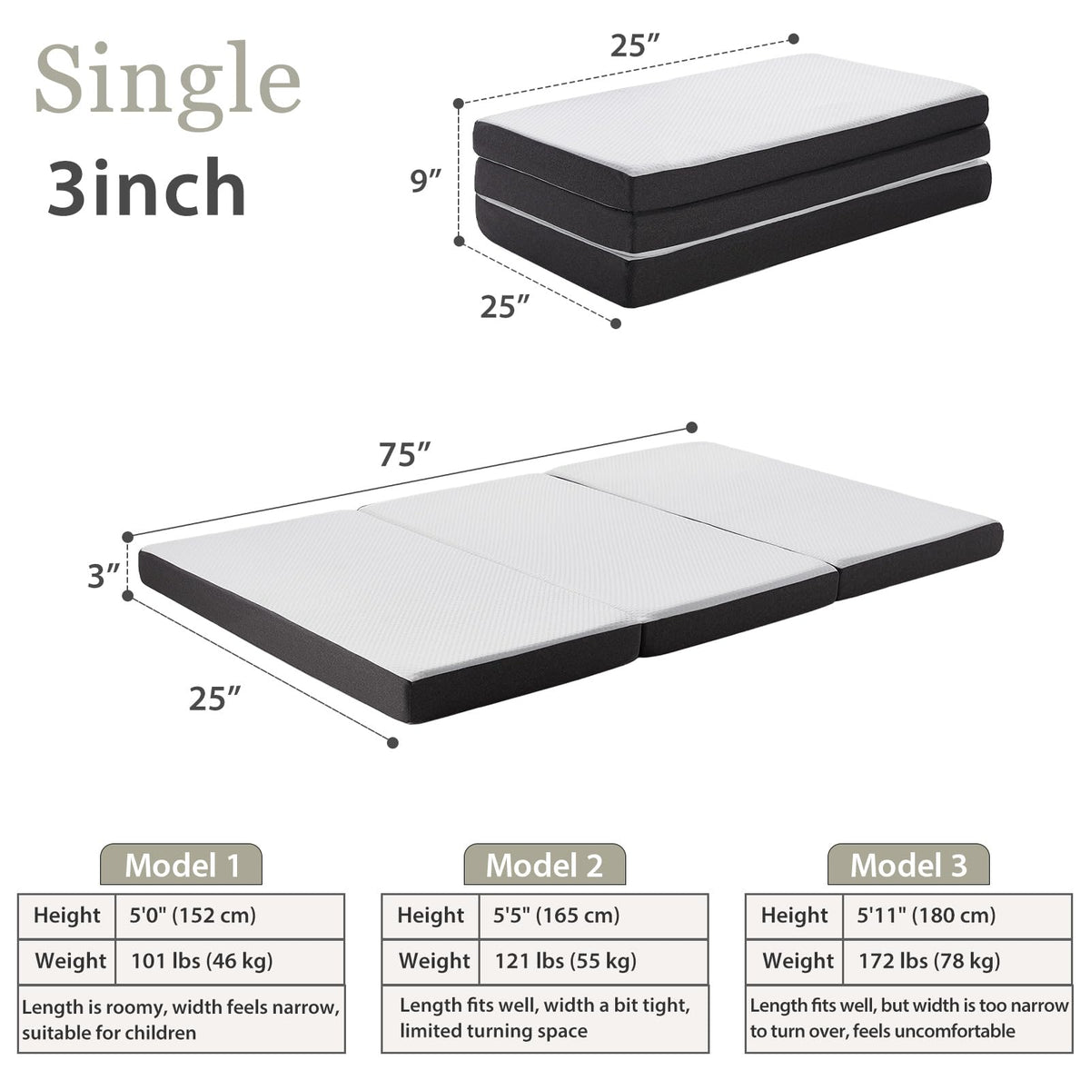 3 inch Tri Fold Memory Foam Mattress with Washable Cover O260837
