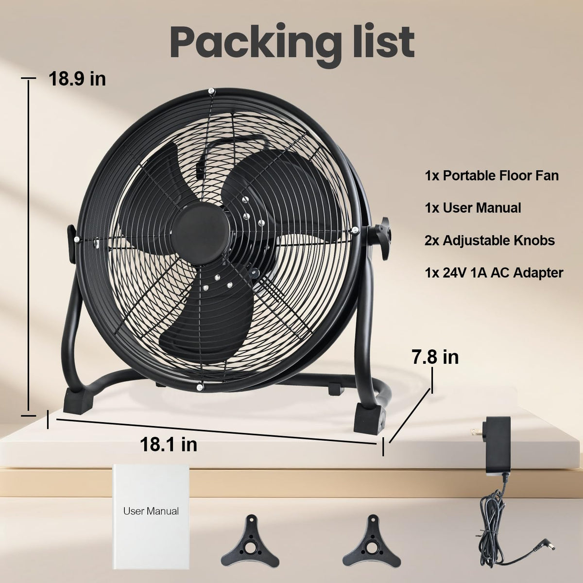 14" Battery Operated Floor Fan with AC Adapter, 1500 CFM Variable Speed Metal Fan W488278