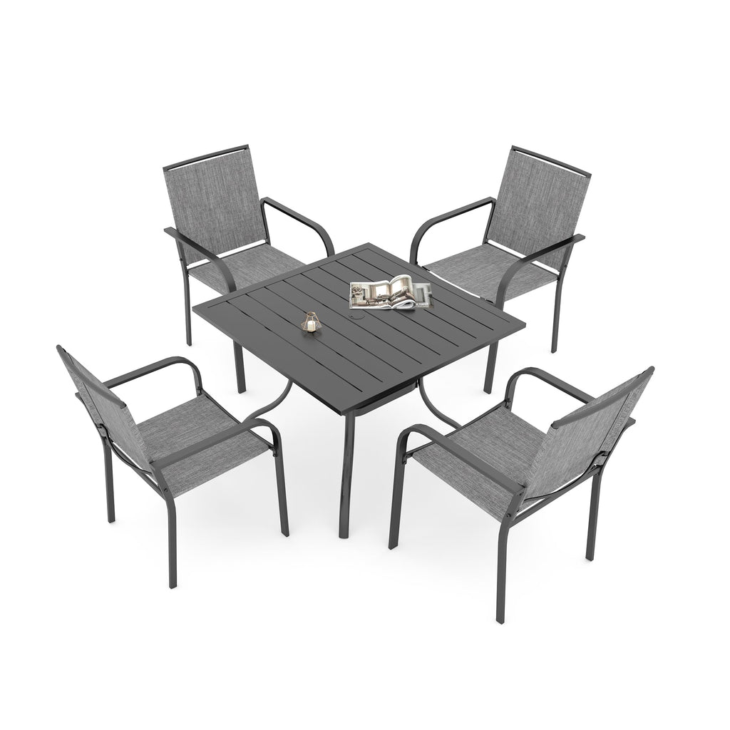 5 Piece Outdoor Dining Set with Grey Stackable Chairs and Square Table T47660