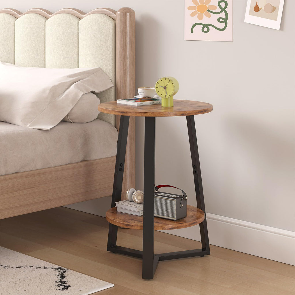 Small Round End Table Set of 2, 2 Tier Side Table with Storage Shelf, Rustic Brown Y924478