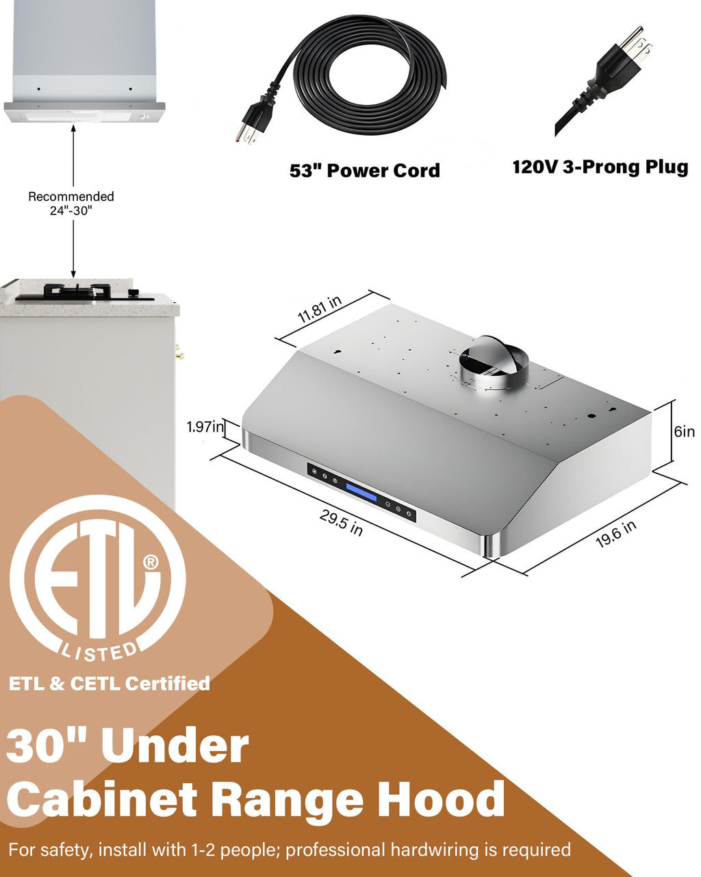 30 inch 900 CFM Stainless Steel Under Cabinet Range Hood J174