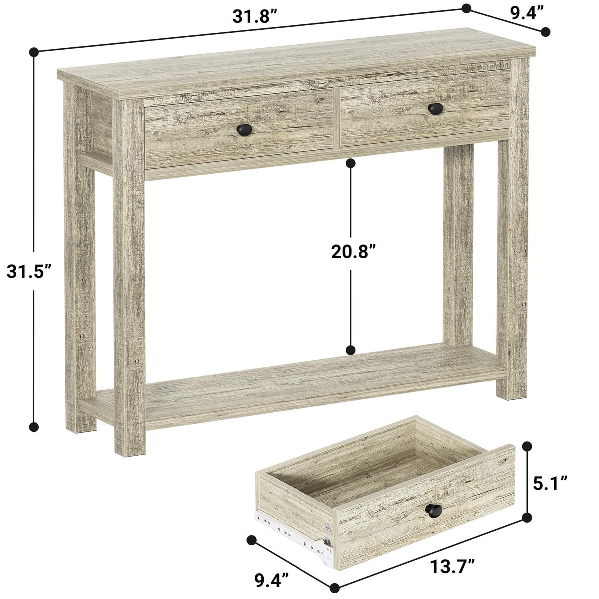32 Inch Light Rustic Oak Console Table with 2 Drawers K94053