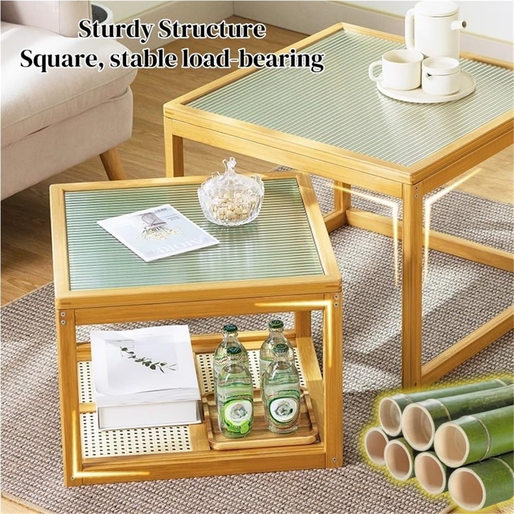 Set of 2 Square Glass Top Rattan Storage Coffee Table G8077