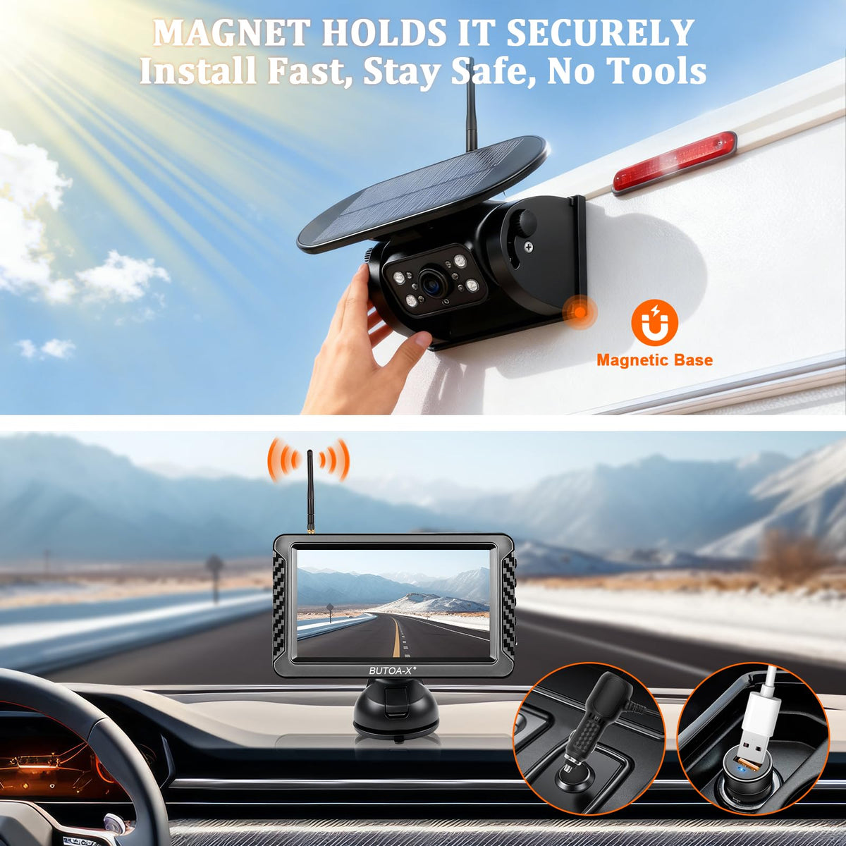 Magnetic Solar Wireless Backup Camera with 5" HD Monitor S592377