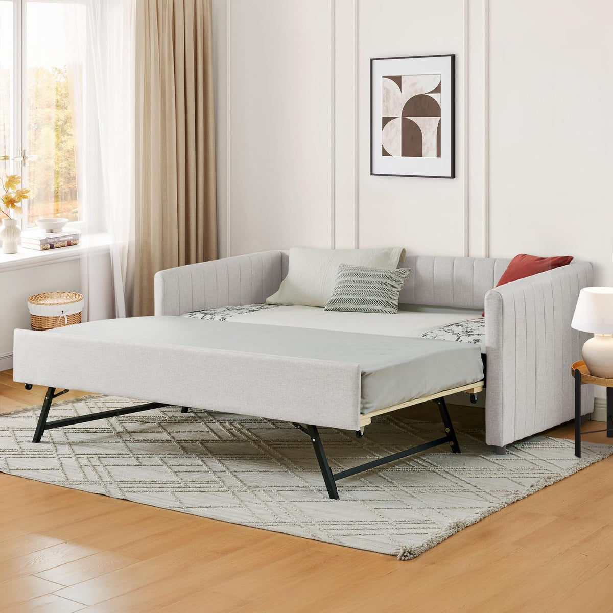 Beige Linen Twin Size Daybed with Pop Up Trundle P526565