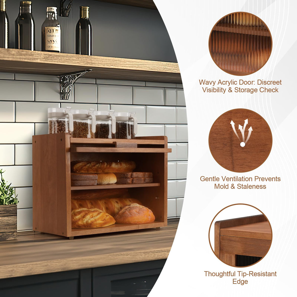 Brown 2 Tier Wooden Bread Box Y636201