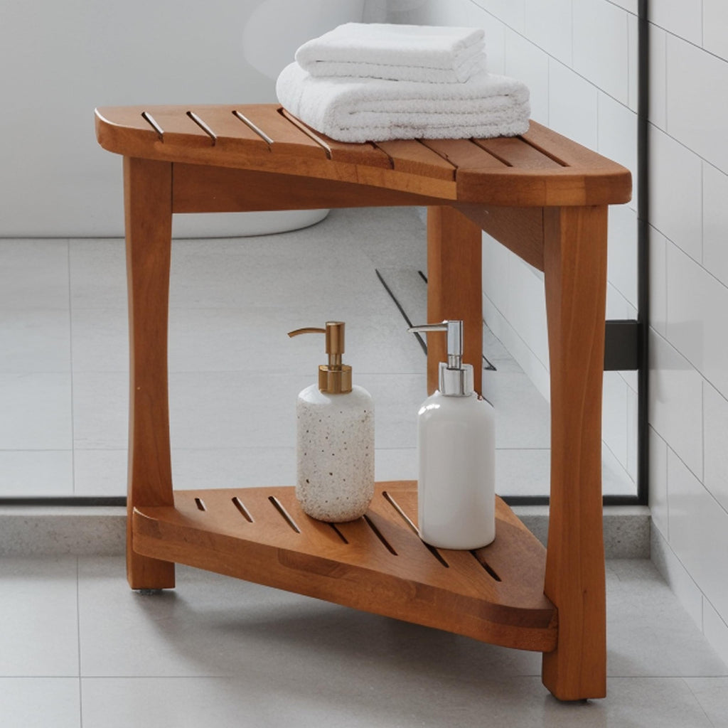 Teak Corner Shower Bench with Storage Shelf C54936