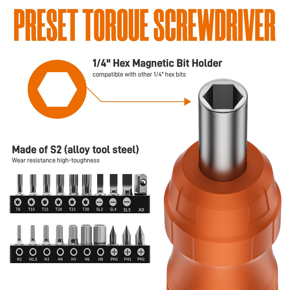 Torque Screwdriver Set, 10-70 In-lb, 1/4” Drive with Audible Click A578