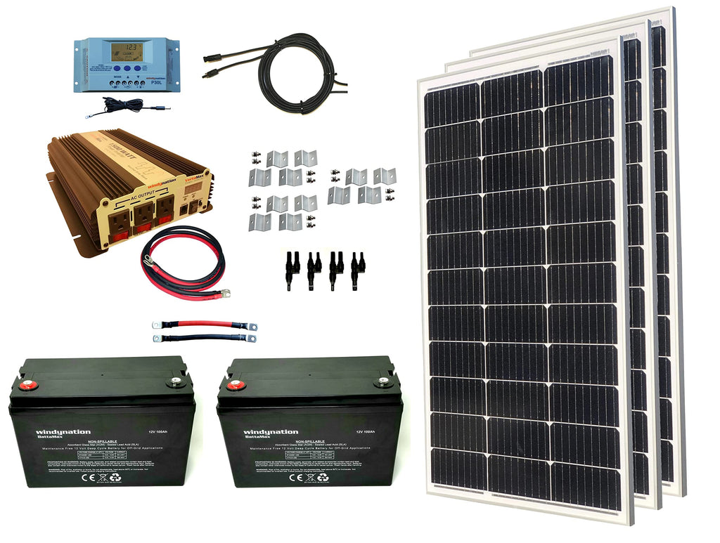 300 Watt Monocrystalline Solar Panel Kit with 1500W Power Inverter and 200ah AGM Battery T602