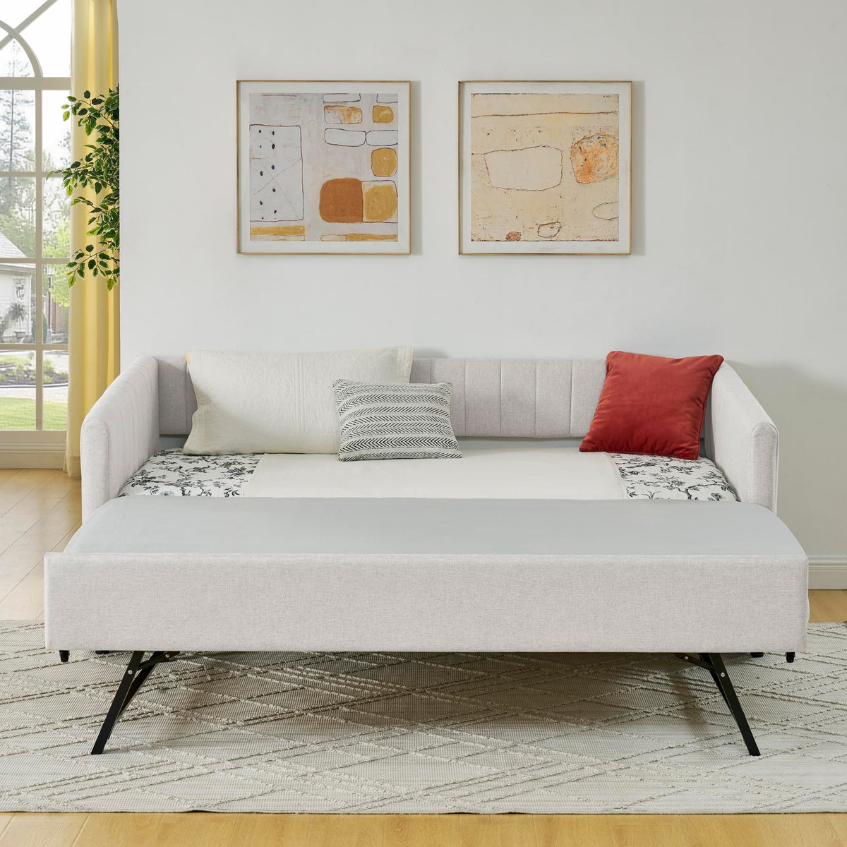 Beige Linen Twin Size Daybed with Pop Up Trundle P526565