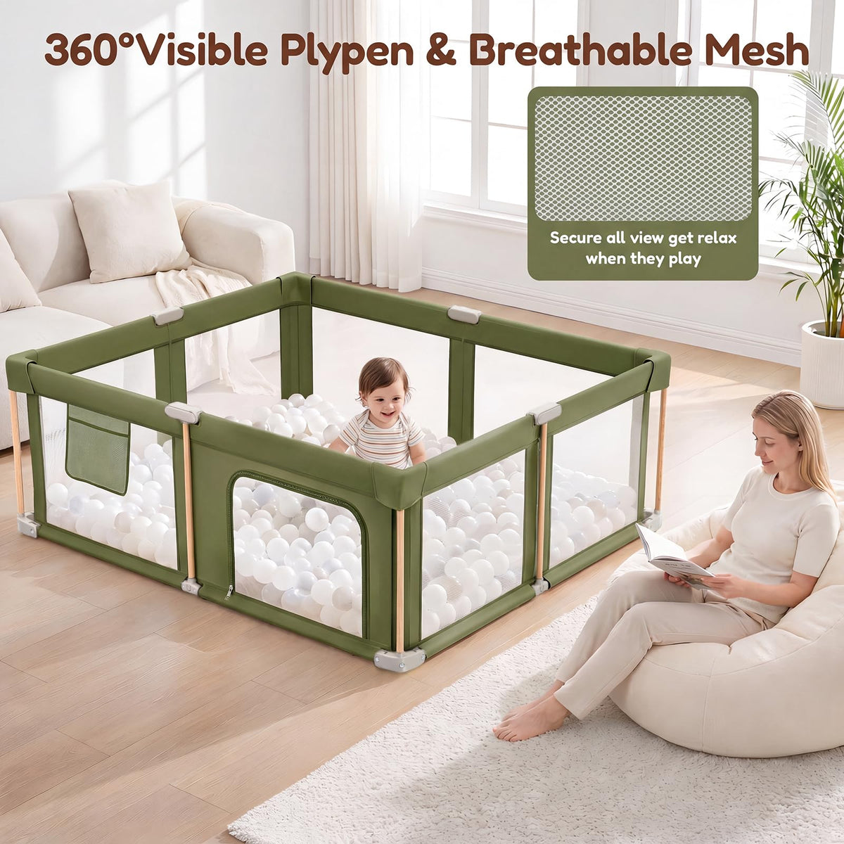 Foldable Baby Playpen with Mat, Breathable Mesh Green 71"×59" X97719