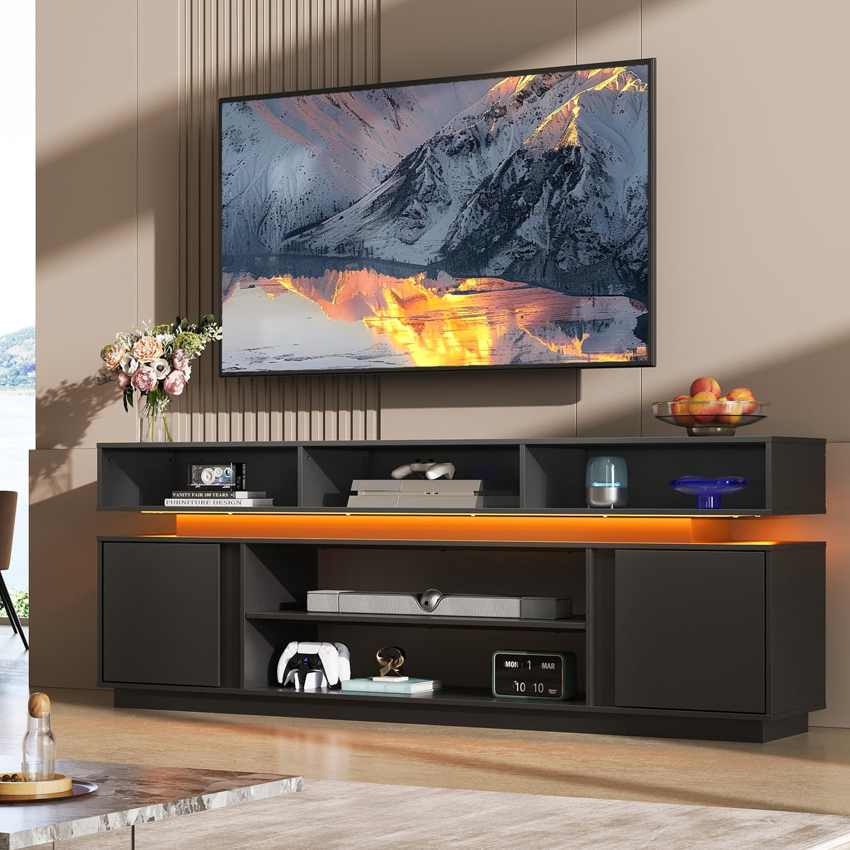 Black 2 Tier TV Stand with RGB LED Lights and Storage Cabinets Q2855