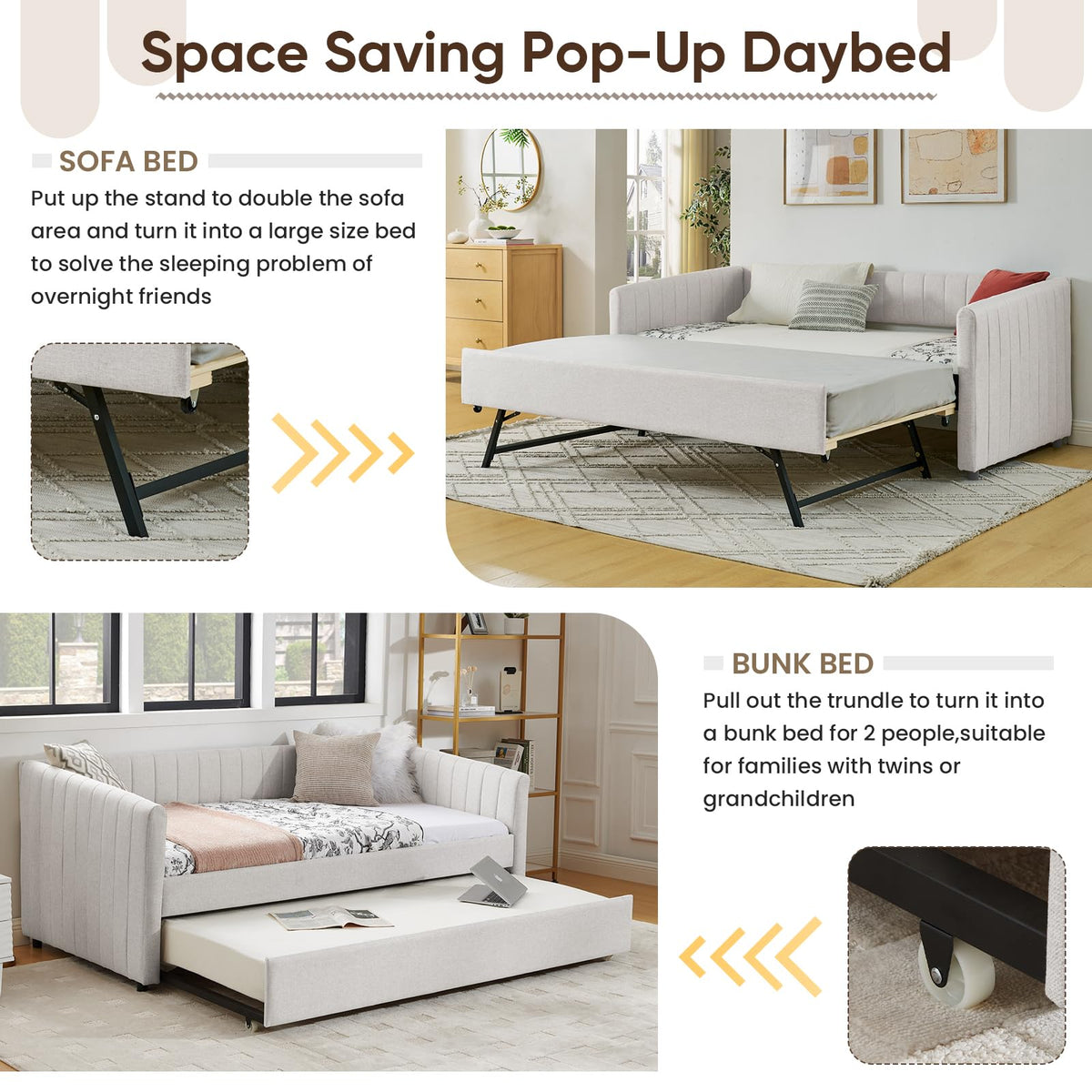 Beige Linen Twin Size Daybed with Pop Up Trundle P526565
