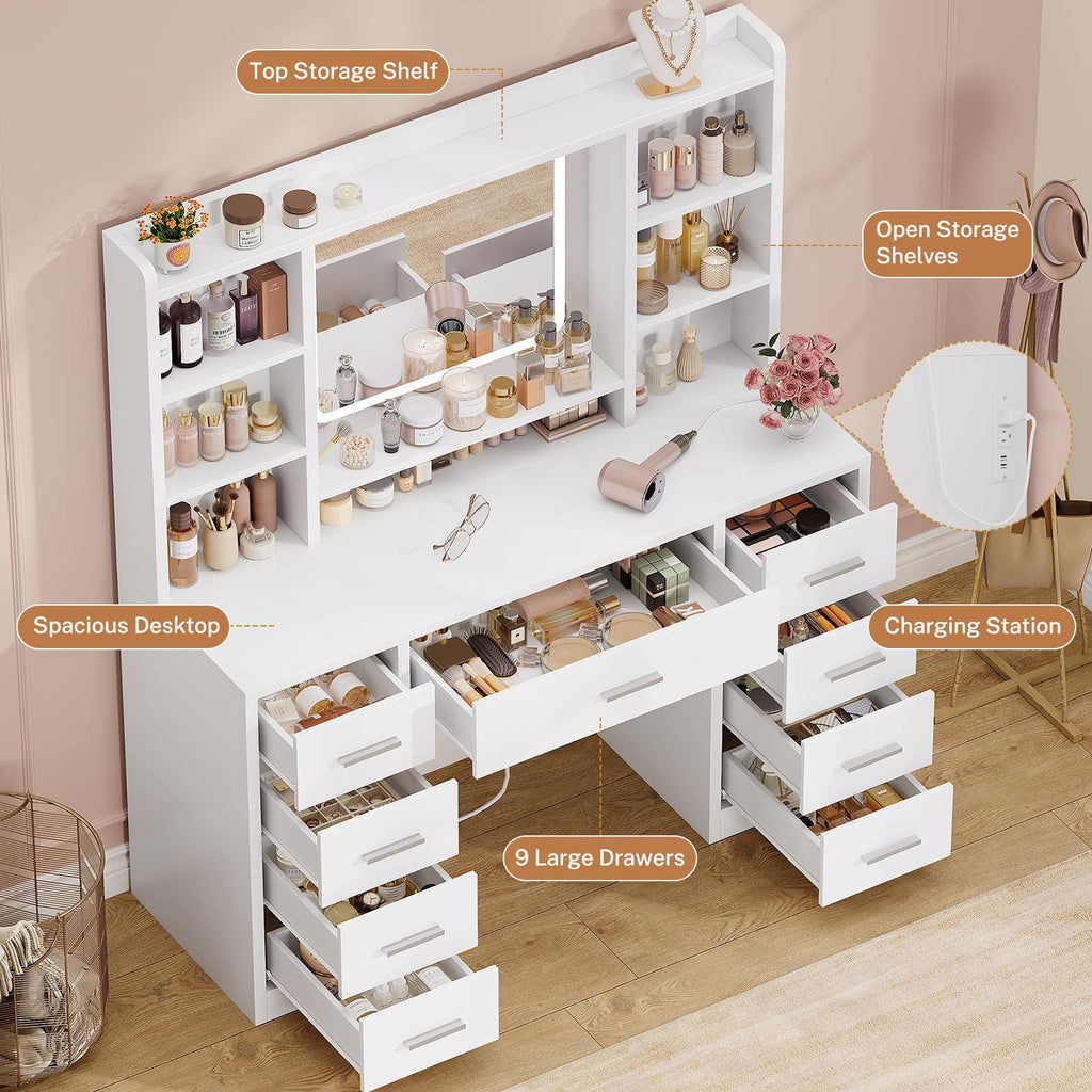 White Vanity Desk with Mirror and 9 Drawers G4059