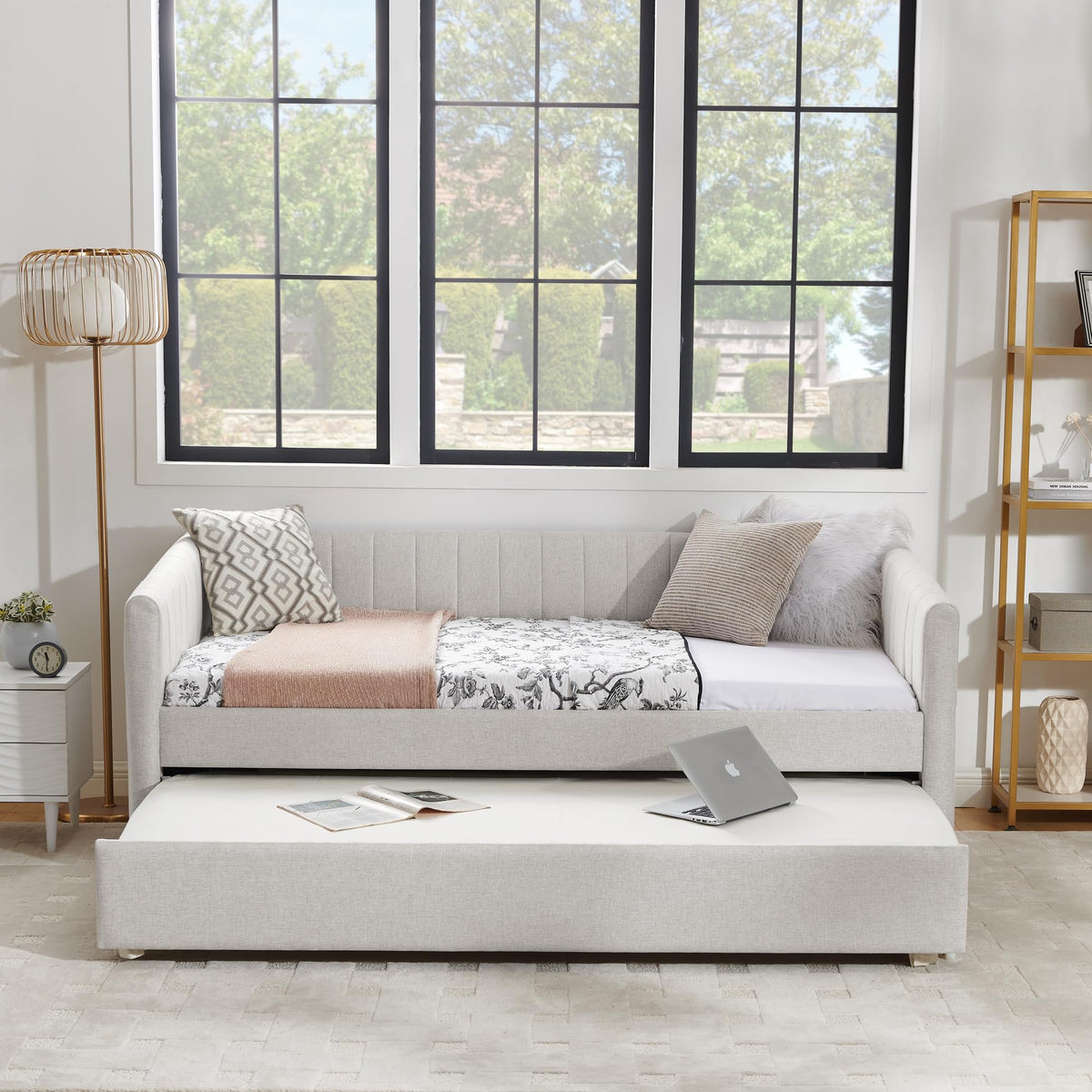 Beige Linen Twin Size Daybed with Pop Up Trundle P526565