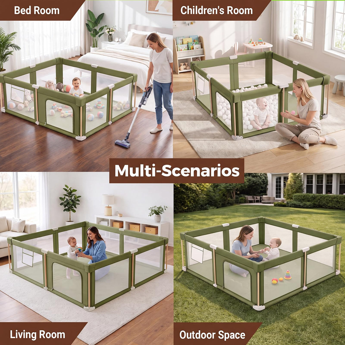 Foldable Baby Playpen with Mat, Breathable Mesh Green 71"×59" X97719