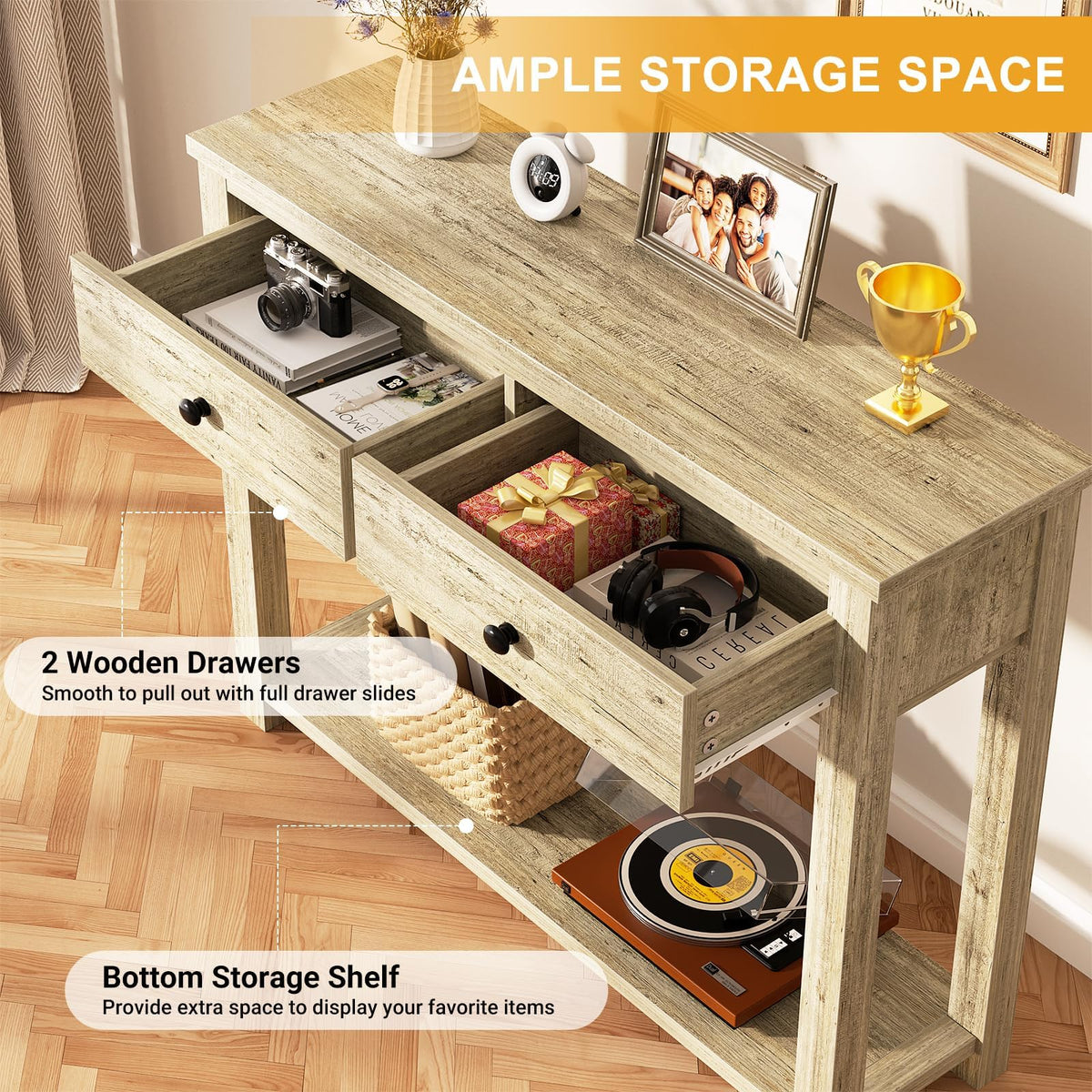 32 Inch Light Rustic Oak Console Table with 2 Drawers K94053