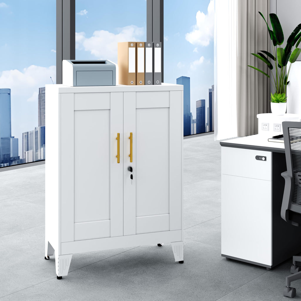White 36" Metal Storage Cabinet with 2 Doors and 2 Adjustable Shelves U6088