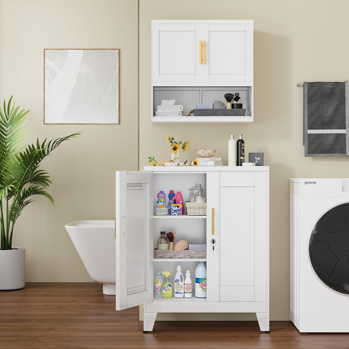 White 36" Metal Storage Cabinet with 2 Doors and 2 Adjustable Shelves U6088