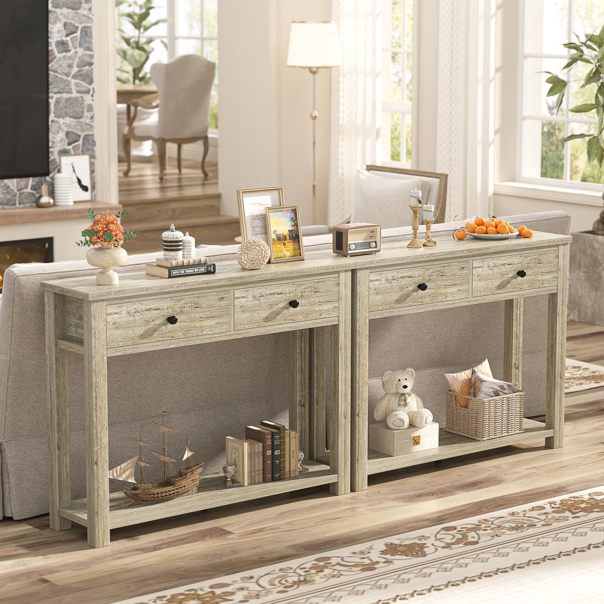 32 Inch Light Rustic Oak Console Table with 2 Drawers K94053