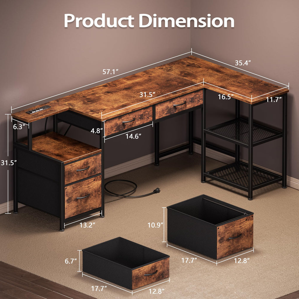 57" L Shaped Computer Desk with Power Outlet S358