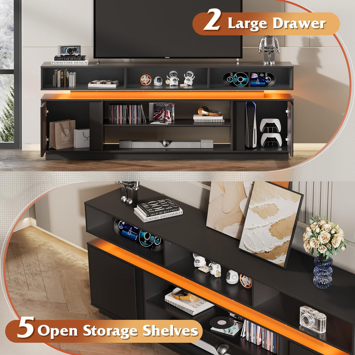 Black 2 Tier TV Stand with RGB LED Lights and Storage Cabinets Q2855