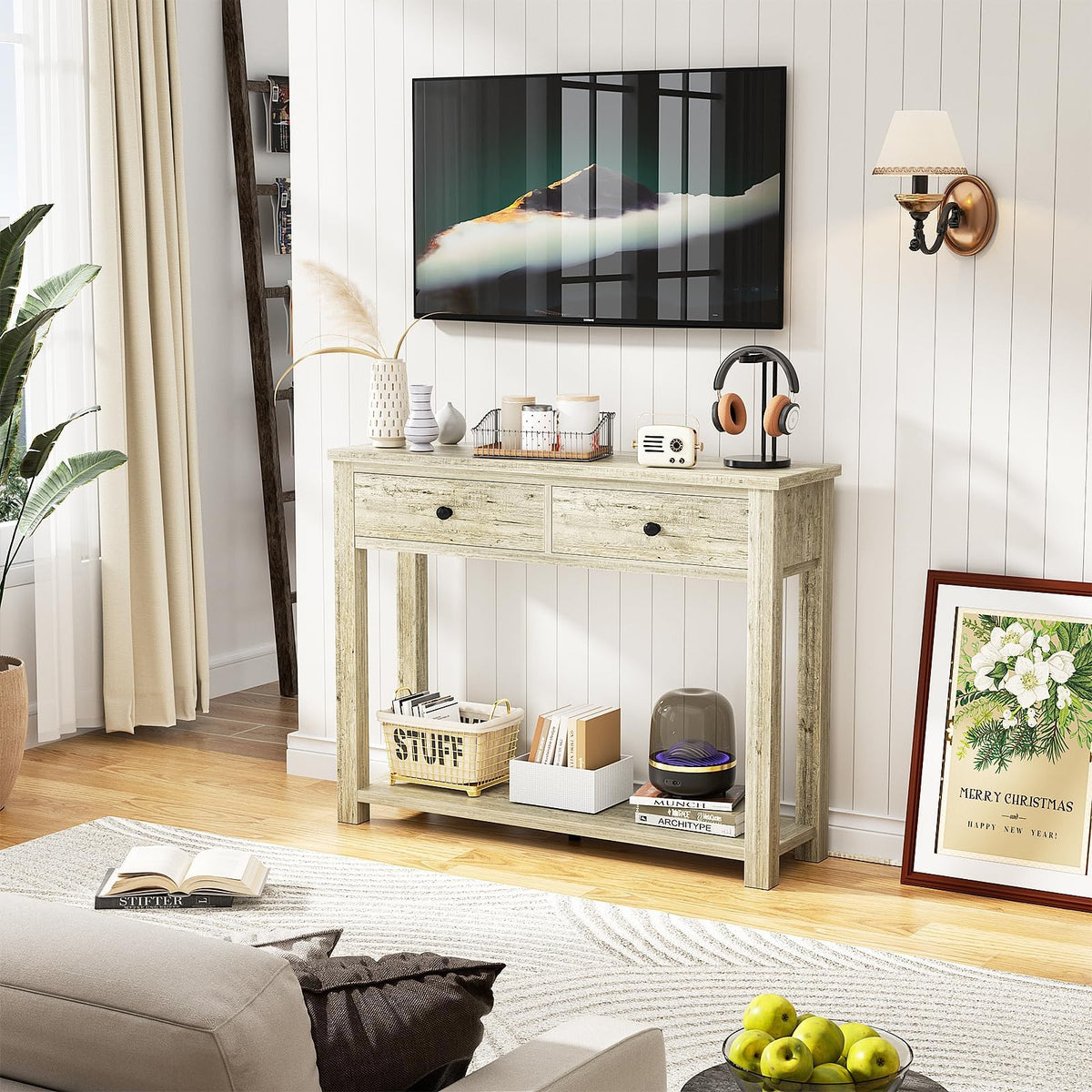 32 Inch Light Rustic Oak Console Table with 2 Drawers K94053
