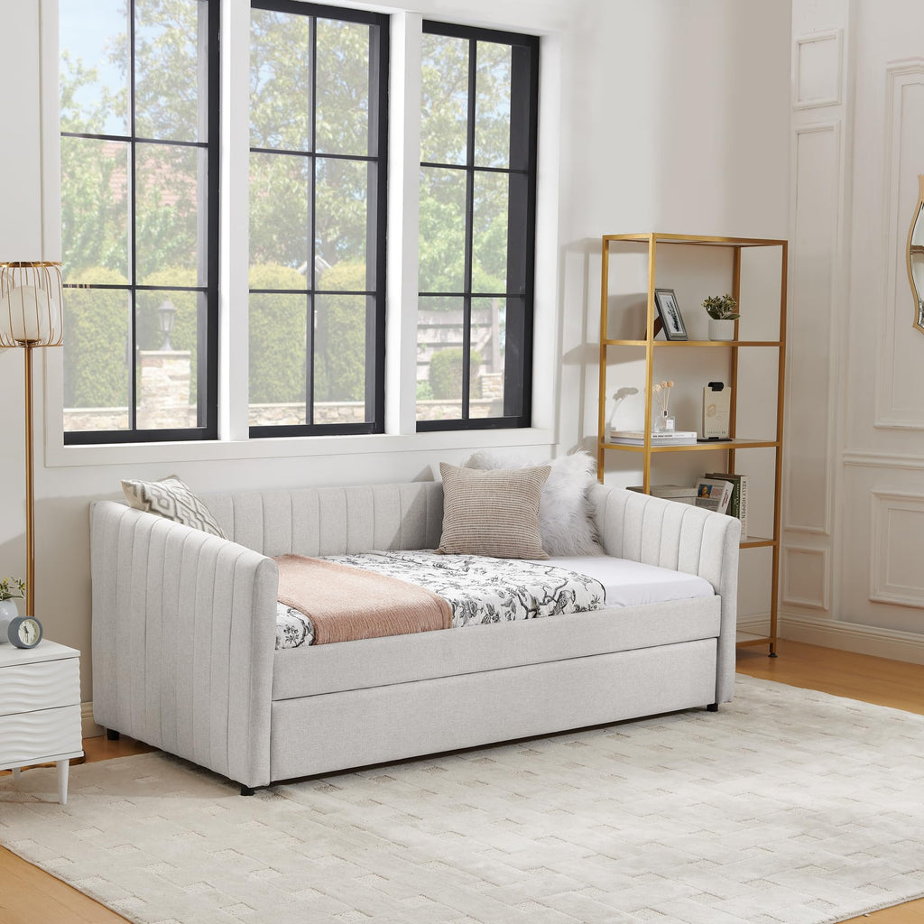 Beige Linen Twin Size Daybed with Pop Up Trundle P526565