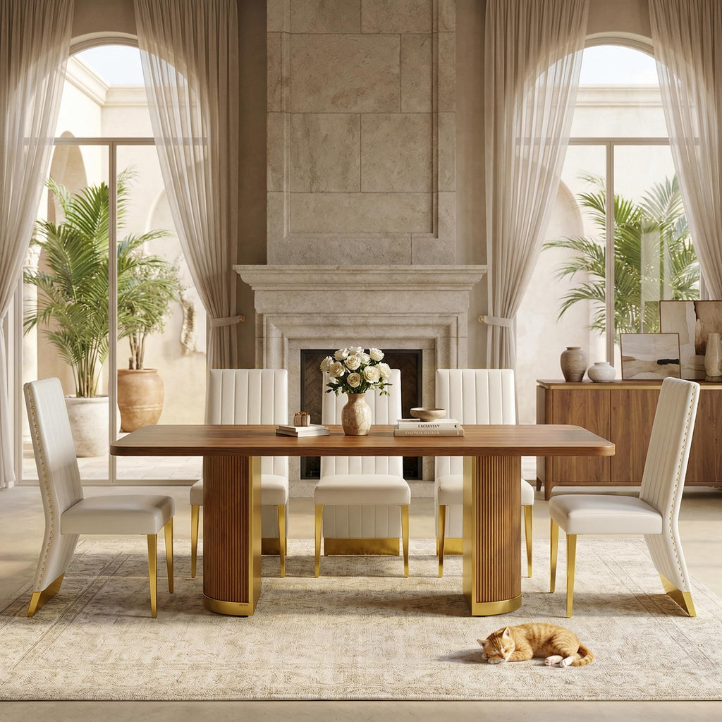 78" Walnut Dining Table Set with White Leather Chairs for 8 S53432
