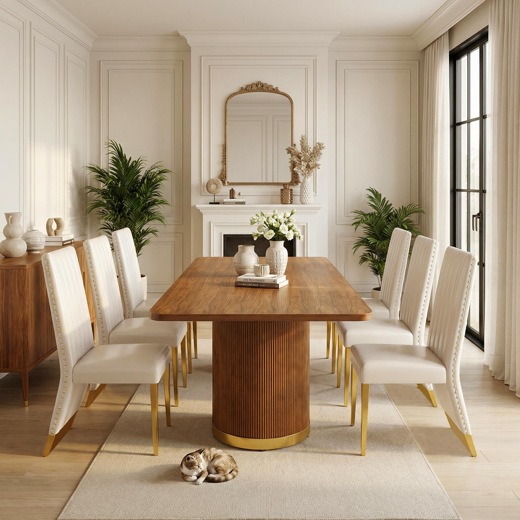 78" Walnut Dining Table Set with White Leather Chairs for 8 S53432