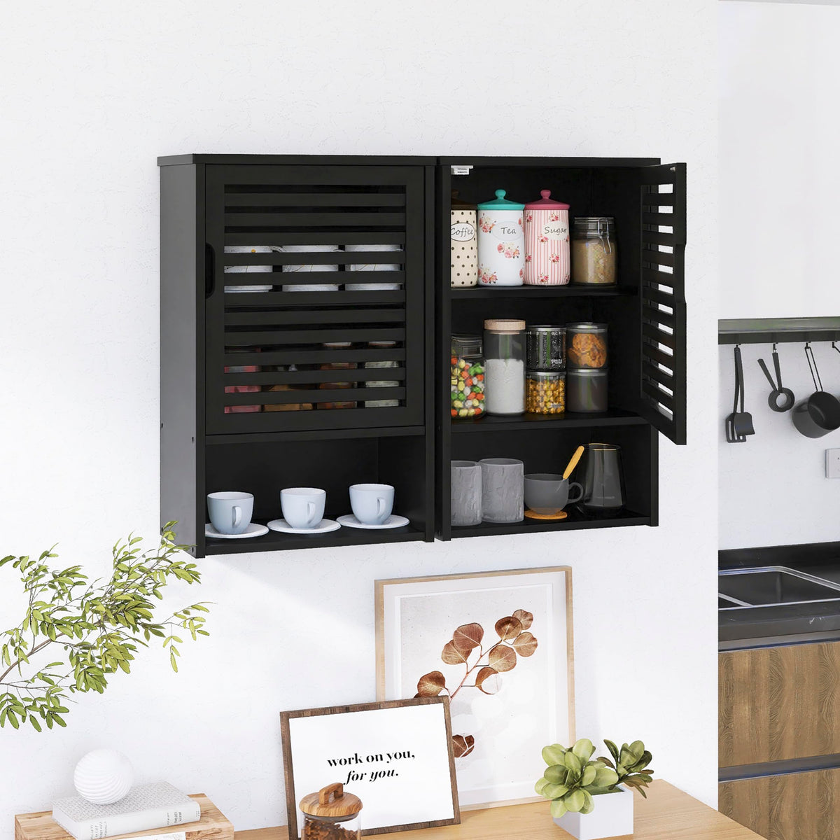Black Bamboo Wall Mounted Bathroom Storage Cabinet G949061