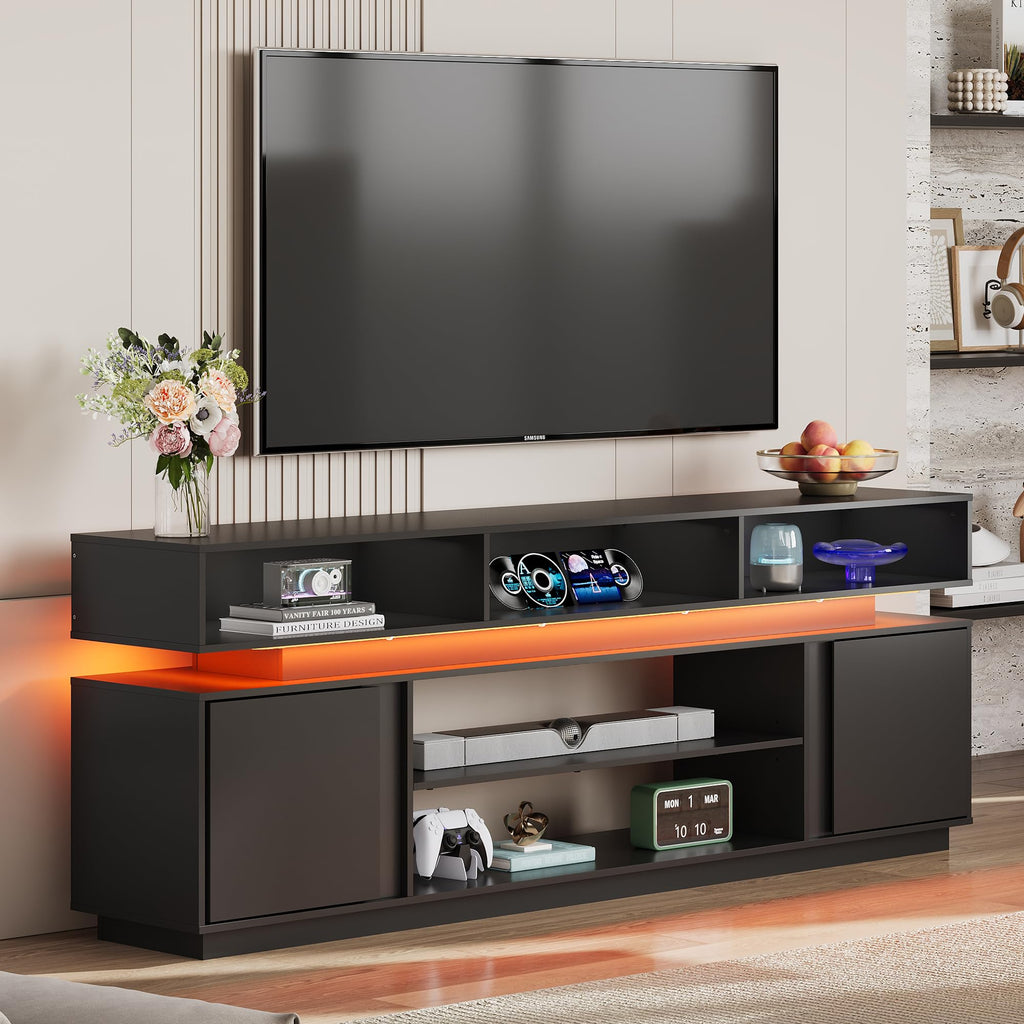 Black 2 Tier TV Stand with RGB LED Lights and Storage Cabinets Q2855