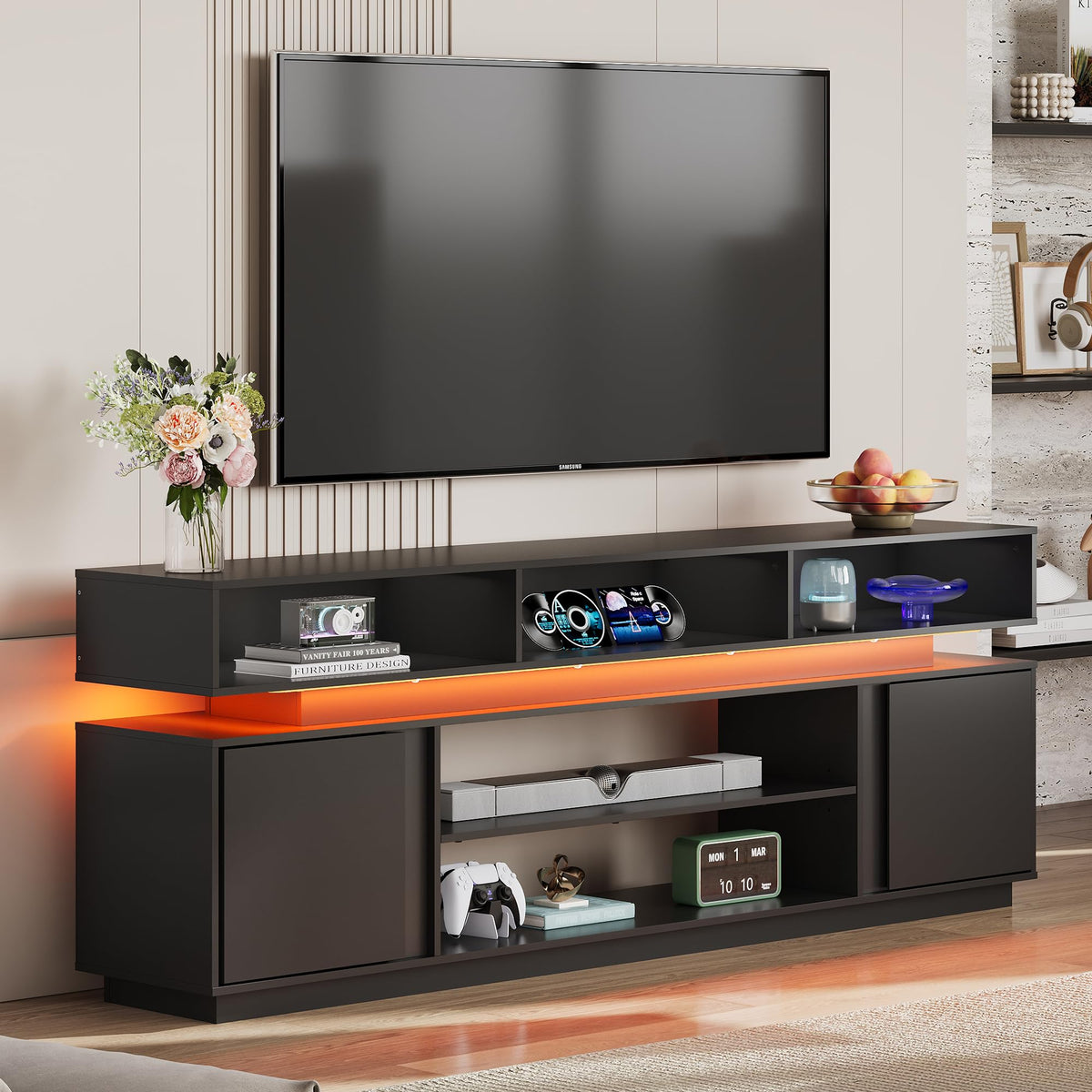 Black 2 Tier TV Stand with RGB LED Lights and Storage Cabinets Q2855