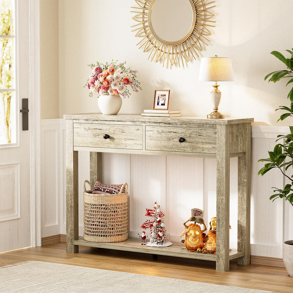 32 Inch Light Rustic Oak Console Table with 2 Drawers K94053