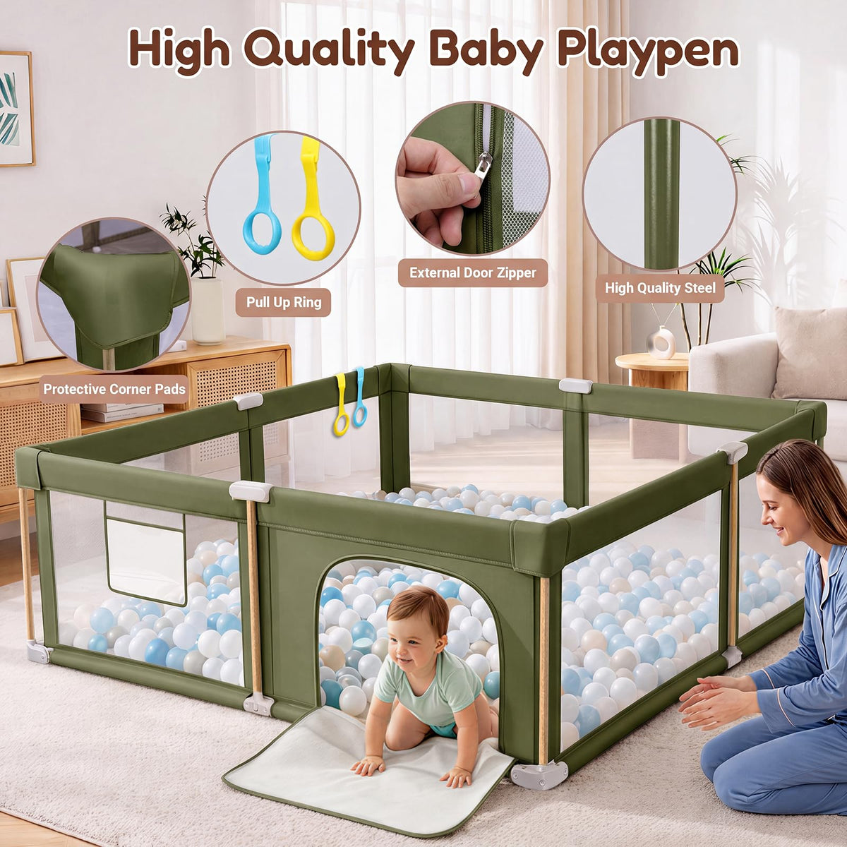 Foldable Baby Playpen with Mat, Breathable Mesh Green 71"×59" X97719