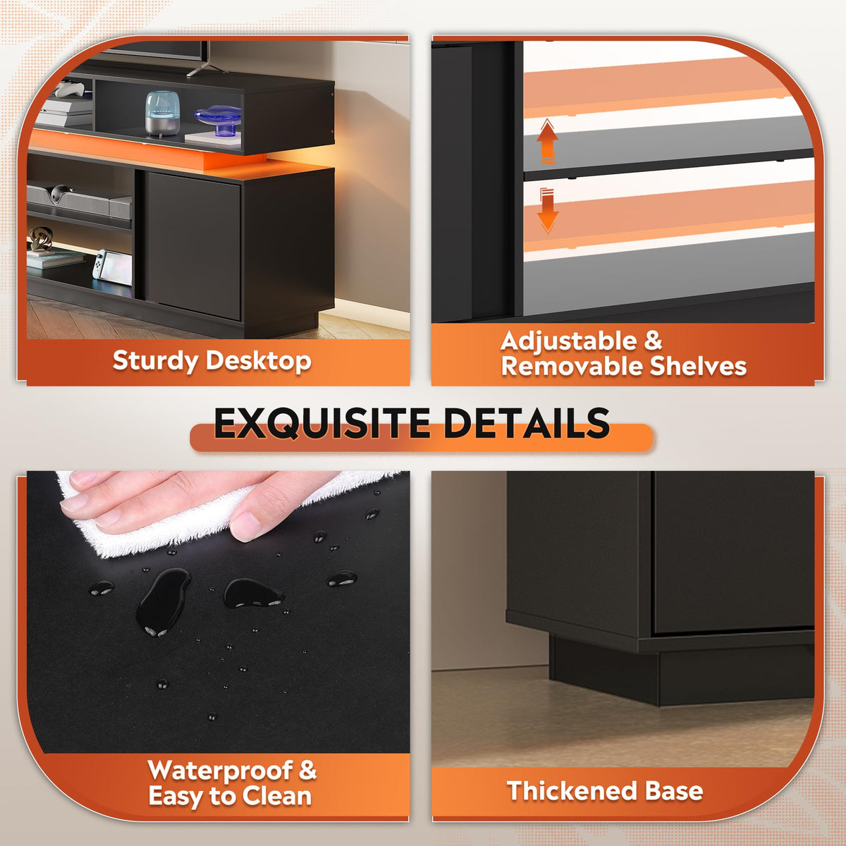 Black 2 Tier TV Stand with RGB LED Lights and Storage Cabinets Q2855
