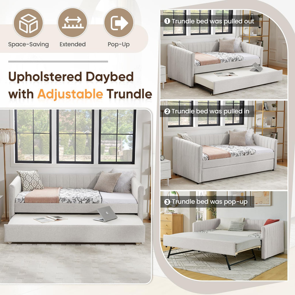 Beige Linen Twin Size Daybed with Pop Up Trundle P526565