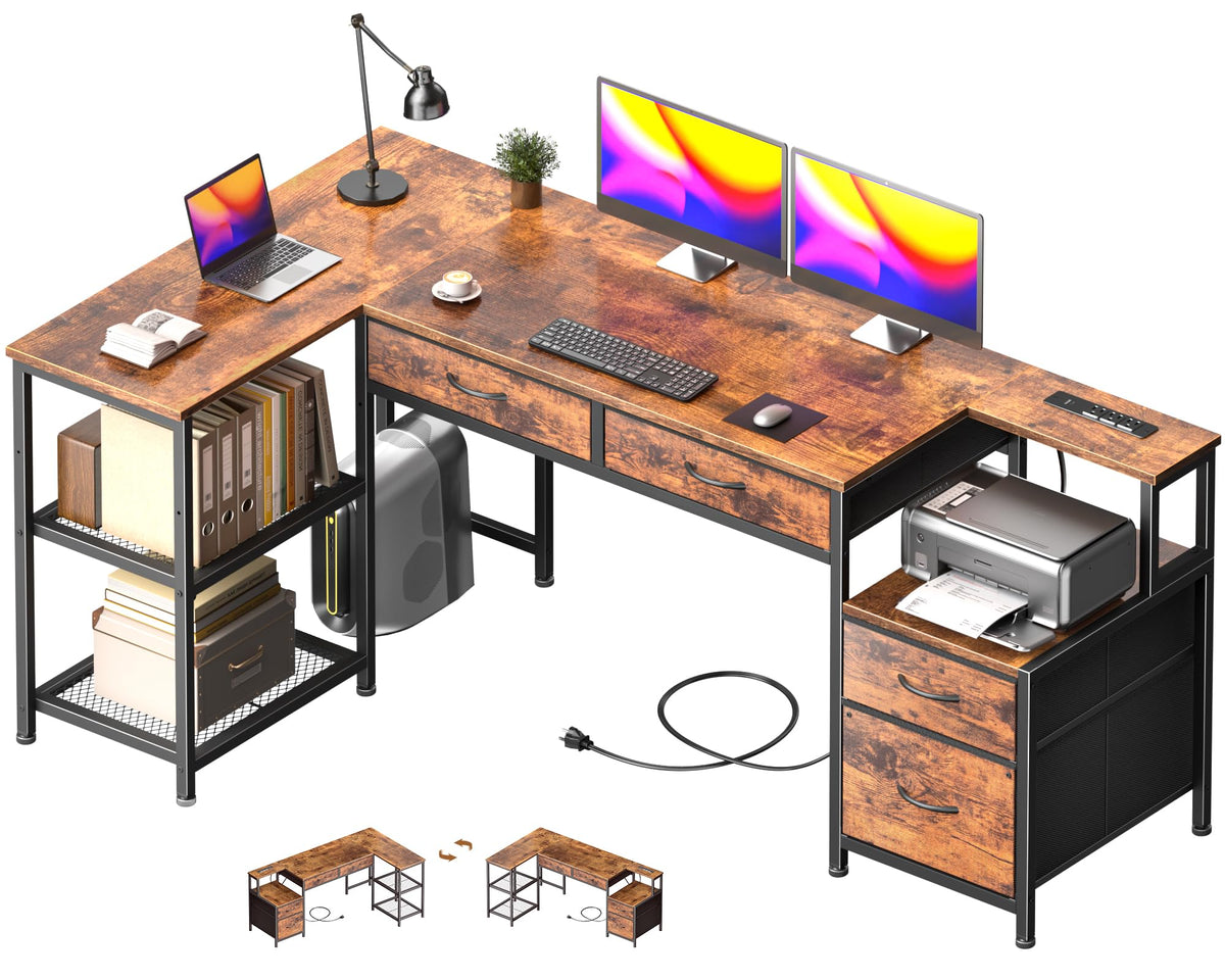 57" L Shaped Computer Desk with Power Outlet S358