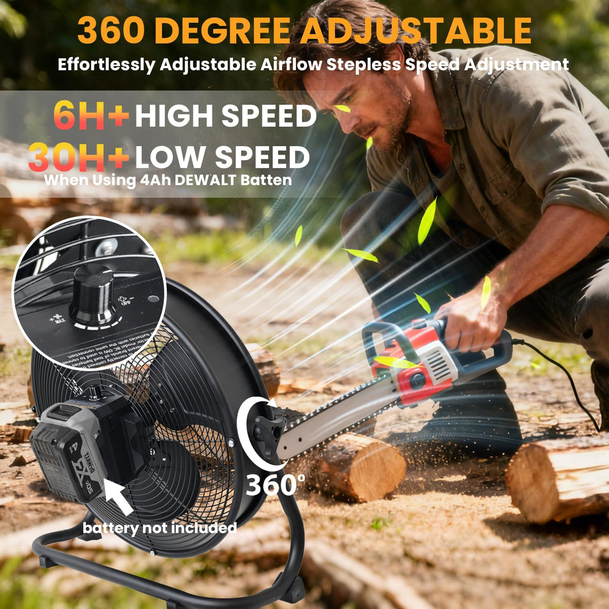 14" Battery Operated Floor Fan with AC Adapter, 1500 CFM Variable Speed Metal Fan W488278