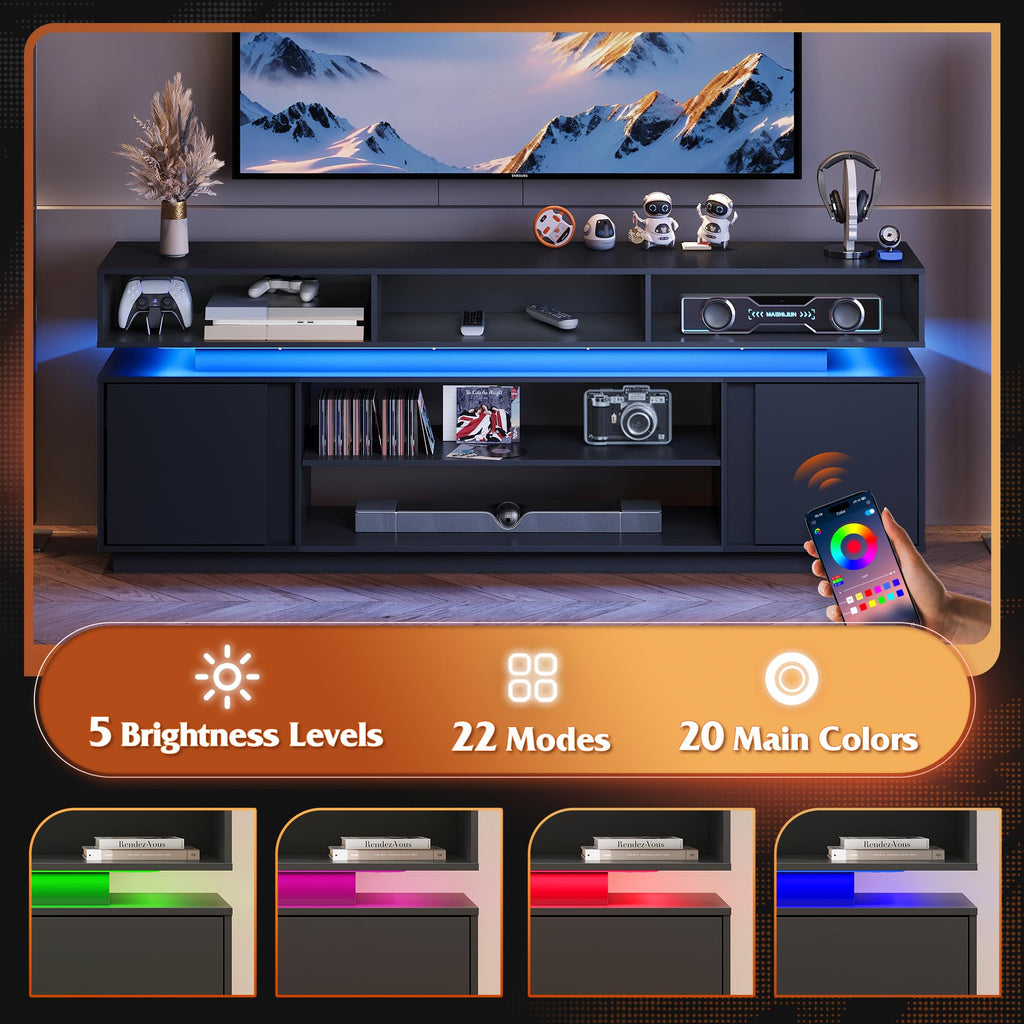 Black 2 Tier TV Stand with RGB LED Lights and Storage Cabinets Q2855