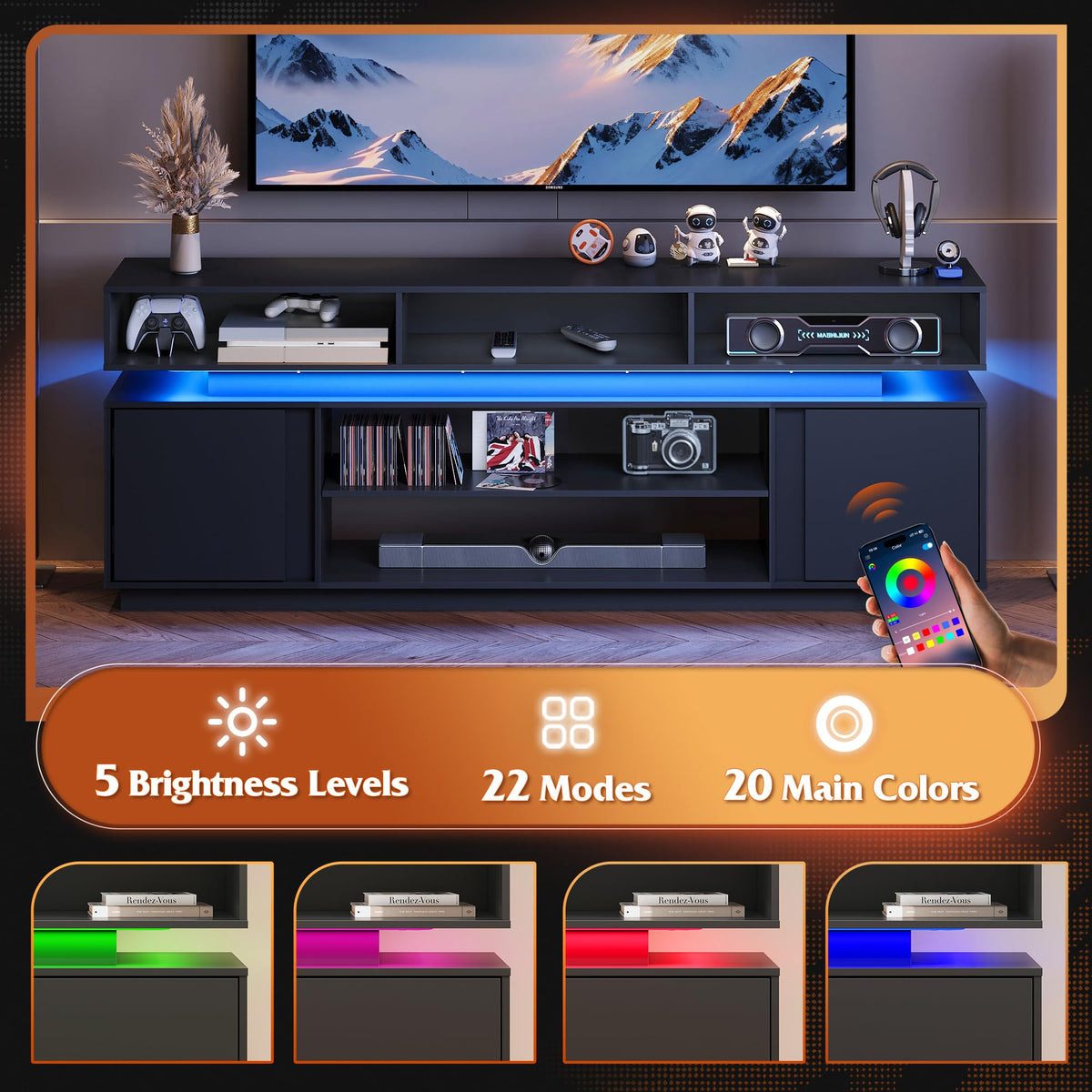 Black 2 Tier TV Stand with RGB LED Lights and Storage Cabinets Q2855