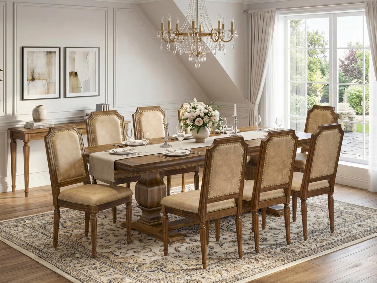 9 Piece Dining Table and 8 Beige Polyester Fabric Chairs K367