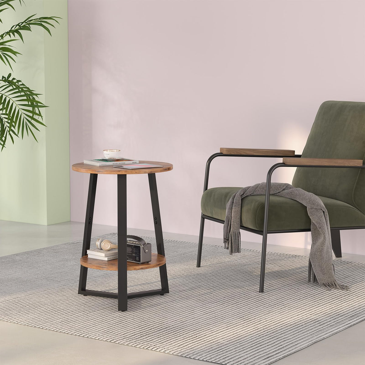 Small Round End Table Set of 2, 2 Tier Side Table with Storage Shelf, Rustic Brown Y924478