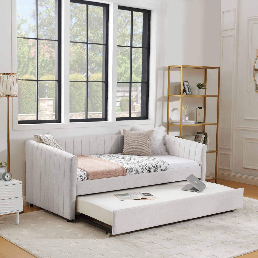 Beige Linen Twin Size Daybed with Pop Up Trundle P526565