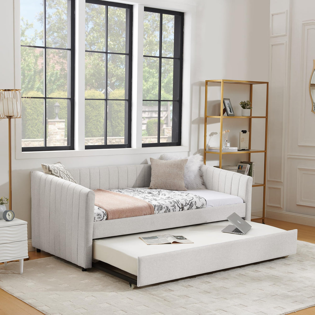 Beige Linen Twin Size Daybed with Pop Up Trundle P526565