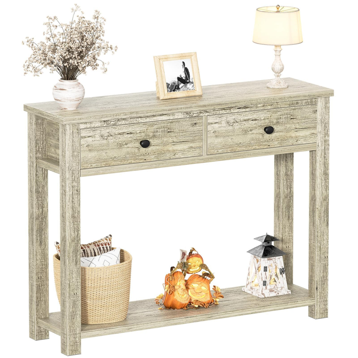 32 Inch Light Rustic Oak Console Table with 2 Drawers K94053