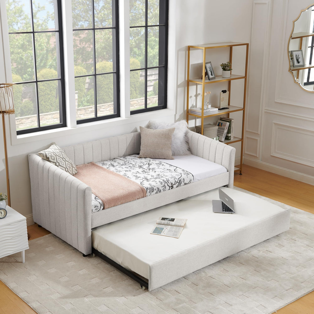 Beige Linen Twin Size Daybed with Pop Up Trundle P526565