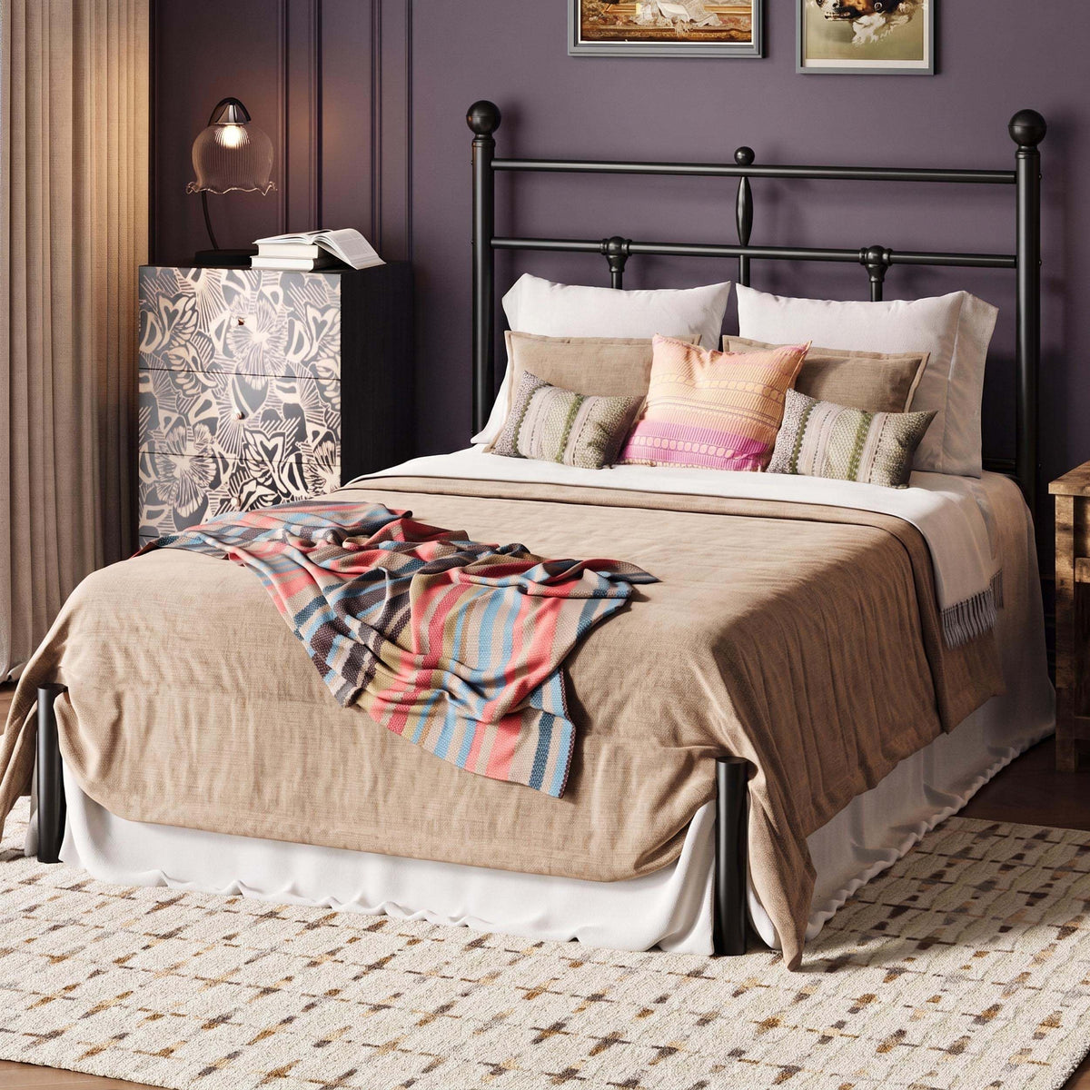 Twin Size Black Metal Platform Bed Frame with Headboard J787806