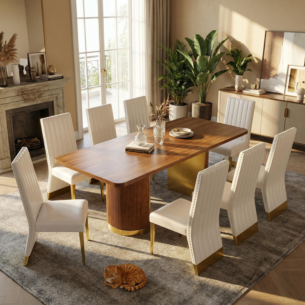 78" Walnut Dining Table Set with White Leather Chairs for 8 S53432